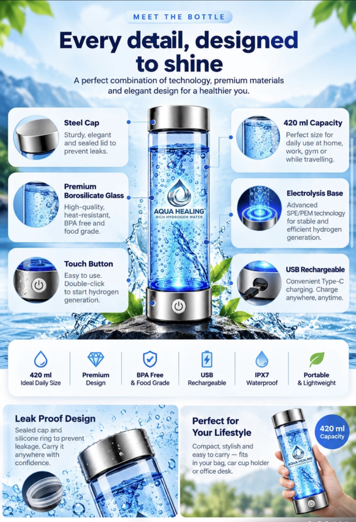 Meet the Aqua Healing bottle: steel cap, borosilicate glass, touch button, 420 ml capacity, electrolysis base and USB charging, with trust badges, leak-proof detail and lifestyle images.