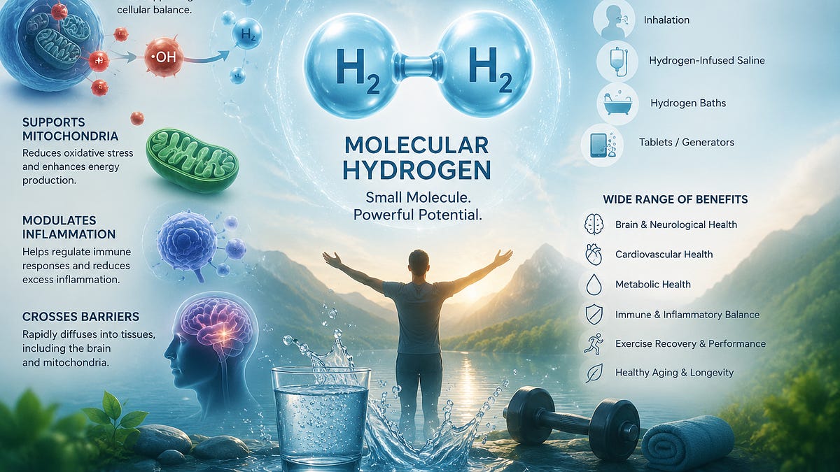 Supplied molecular-hydrogen infographic illustrating research topics and delivery methods.